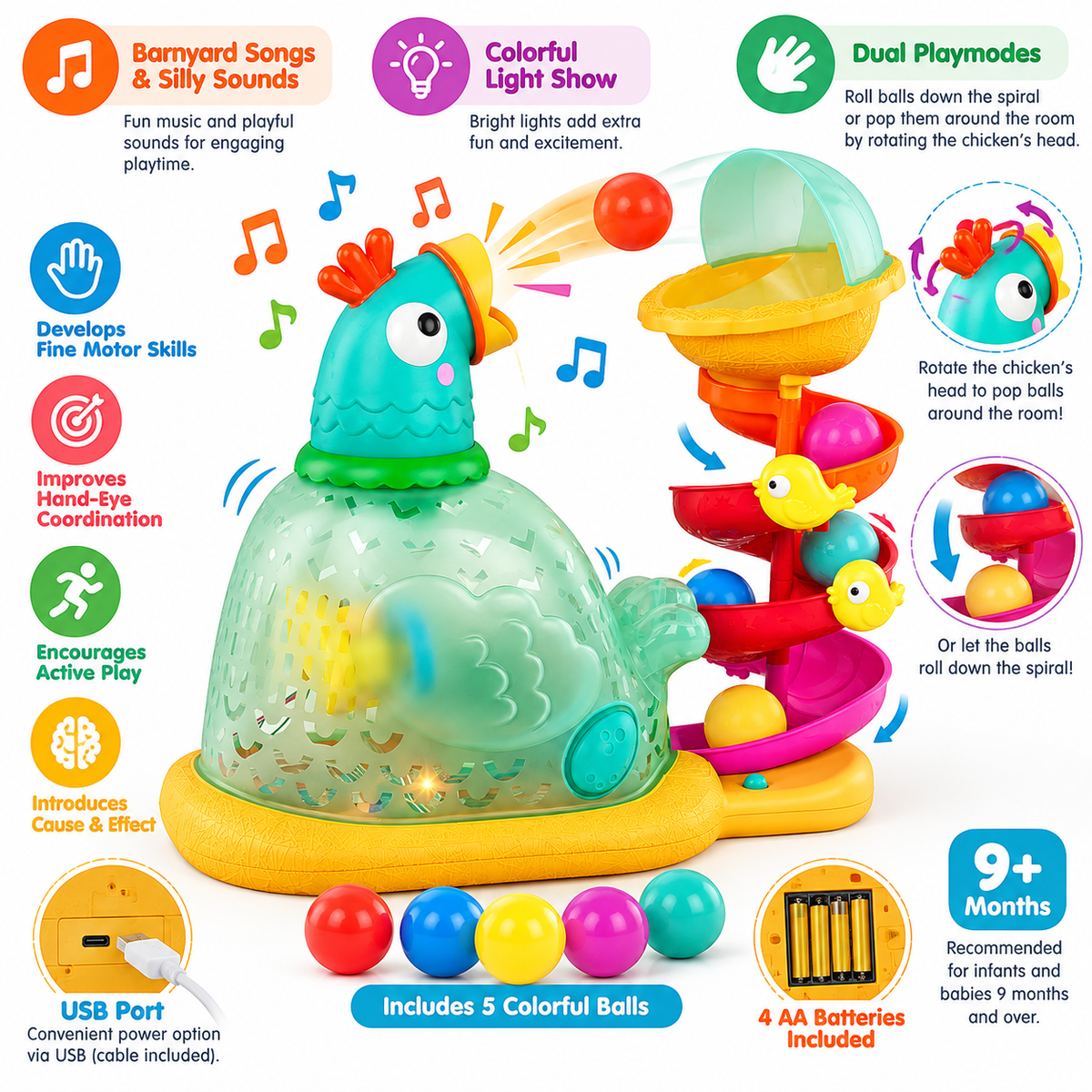 Baby Ball Popper Toy 9+ Months, Musical Chicken Ball Launcher with Spiral Track