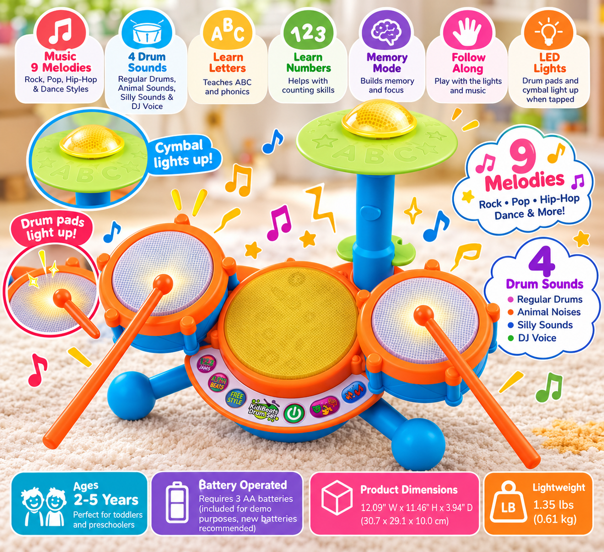 Kids Electronic Drum Set with LED Lights